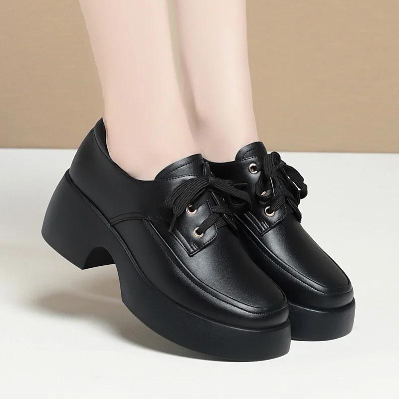 Fashion 2024 Elegant Versatile Lace Up Thick Sole Soft Leather Shoes Woman New Retro Comfortable High Heel Casual Single Shoes