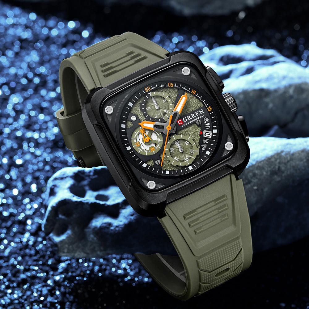 CURREN 8461 Men's Square Sports Watch with Silicone Strap and Multifunctional Six-Needle Calendar