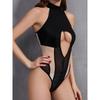 Sexy Perspective Conjoined Mesh Revealing Breasts One Piece Bodysuits Hanging Neck Heart Shape Hollowing Out High Strecth  IKRP