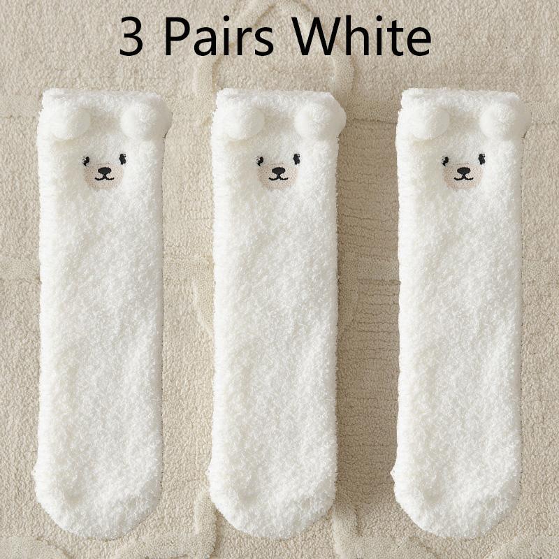3 Pairs Winter Socks Women Warm Fluffy Socks Bear Cute Animal Coral Fleece Kawaii Fuzzy Socks Thicken Home Sleep Floor Socks Ins