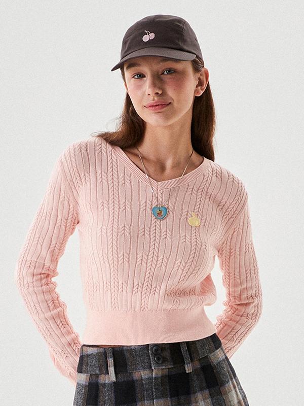 Kirsh Small Cherry V-Neck Crop Cable Knit [Salmon] 2
