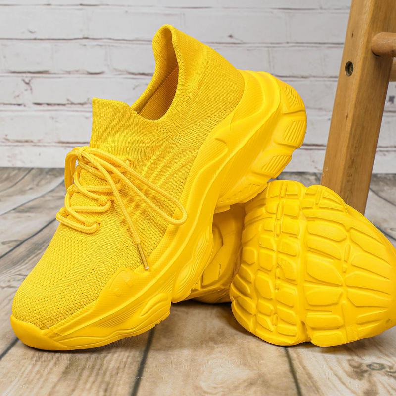 Breathable Mesh Platform Sneakers Women Casual Shoes Yellow Tennis Shoes Woman Lightweight Knit Thick Sole Sports Shoes Ladies
