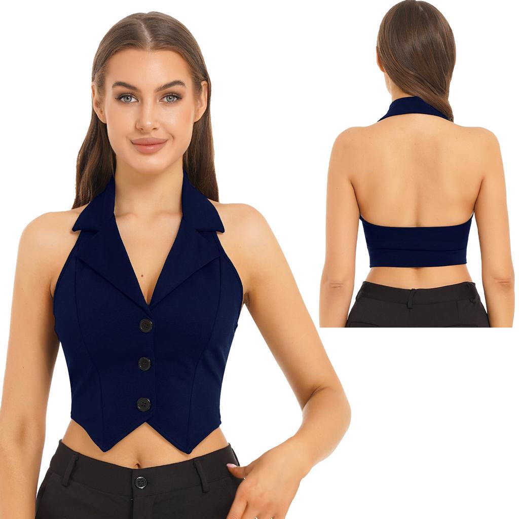 Women Halter Backless Cropped Vest Tops Button Down Dressy Waistcoat Lapel Collar Casual Jackets