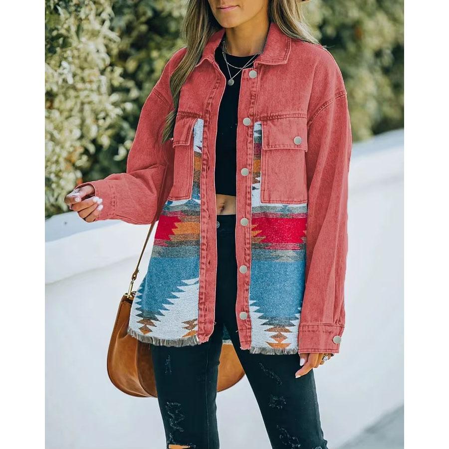 

WomenAutumn Denim Patchwork Woolen Coat Retro Furred Mid-length Jacket Women Denim Jacket Women XS