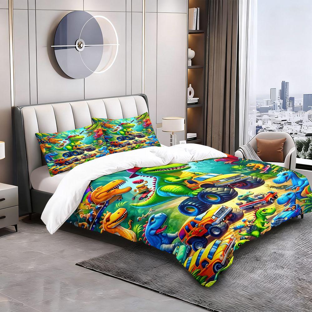 2/3Pcs Dinosaur Monster Truck Duvet Cover Set(1 Duvet Cover & 1/2 Pillowcase) Soft Kids Bedding Set Ideal Bedroom Decor Gift