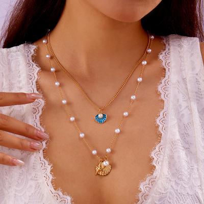 Boho Bohemian Sea Shell Starfish Pendant Necklaces For Women Double Layered Tortoise Imitation Pearl Bead Chain Beach Zircon