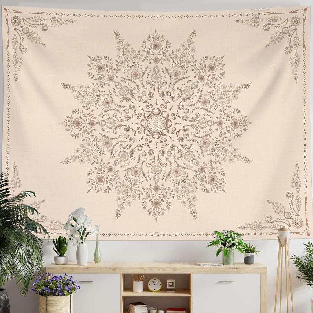 Bohemian Tapestry Wall Hanging, Beige Pink Floral Tapestry with Wild Flower Medallion Print Bedroom Boho Home Decor, Whit