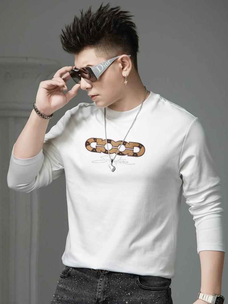 European-Style Long-Sleeve T-Shirt for Men, Autumn 2025 New Trendy Brand Letter Print Rhinestone Base Shirt, Men's Crew Neck Top