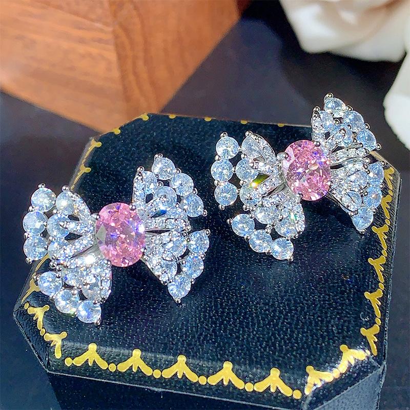 Set Necklace Earrings Ring Girl's Heart Pink Diamond Clear Sweet Light Luxury Versatile Premium Women's Jewelry