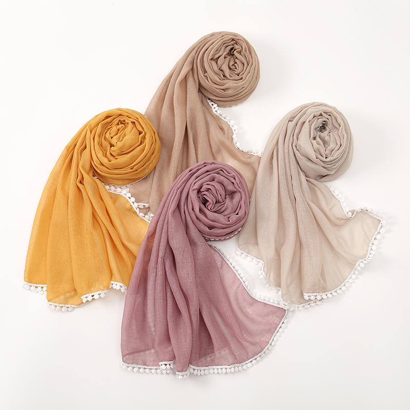 New Cotton Hijab With Lace Muslim Scarf Long Shawls Headscarf Wraps Foulard Echarpe Bufanda Muslim Sjaal Islam Eid Headband