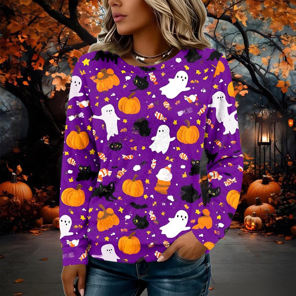 Women's Flannel Long Sleeve Top with Halloween Print Neck Pullover Shirt
