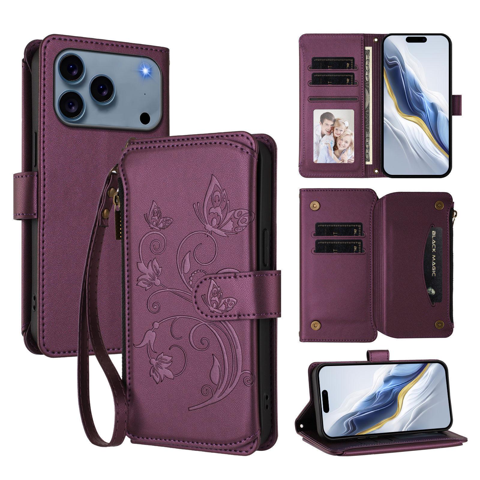 

For iPhone 17 Pro Leather Case Butterfly Floral Imprint Zipper Wallet Stand Cover with Wrist Strap Purple
