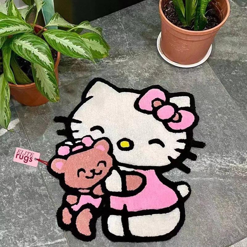 Cartoon Kitty Faux-Kaschmir Fußmatte - Unregelmäßige Form, Wasserabsorbierende Tür-/Badezimmermatte