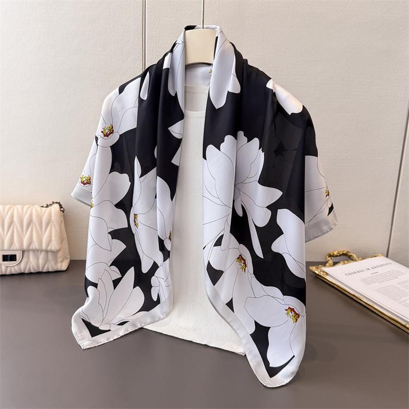 

Имитация шелка Масляная живопись Цветочный принт Большой квадратный платок Шелк Шарф Шаль Головной платок Пляжный платок Шарф для защиты шеи Женский 90*90cm