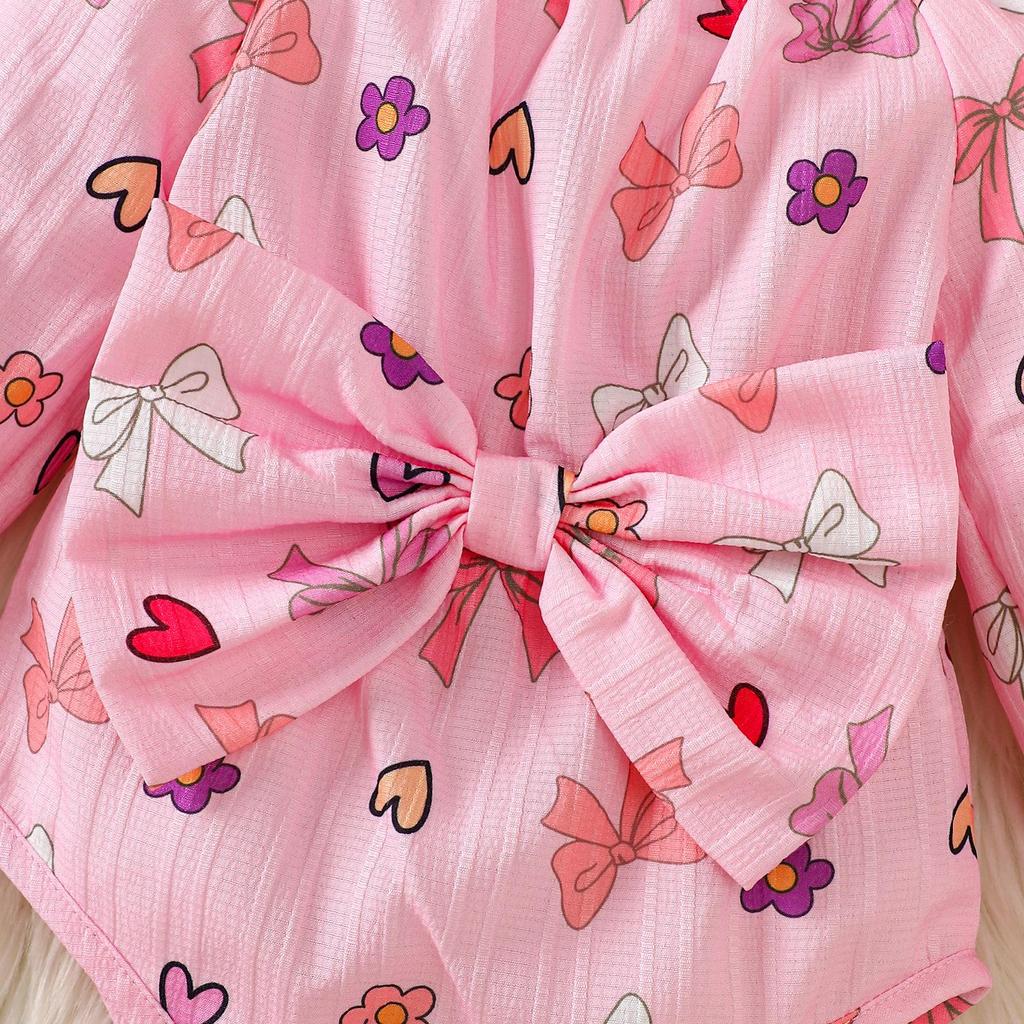 Rosa Schleifen-Aufdruck Langarm Baby Mädchen Strampler
