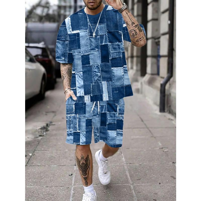 

Men s Summer New Fashion Patchwork Denim Print Short Sleeve T-shirt and Shorts Casual Sports Suit Trendy Loose Fit 2pcs Set|| 3XL