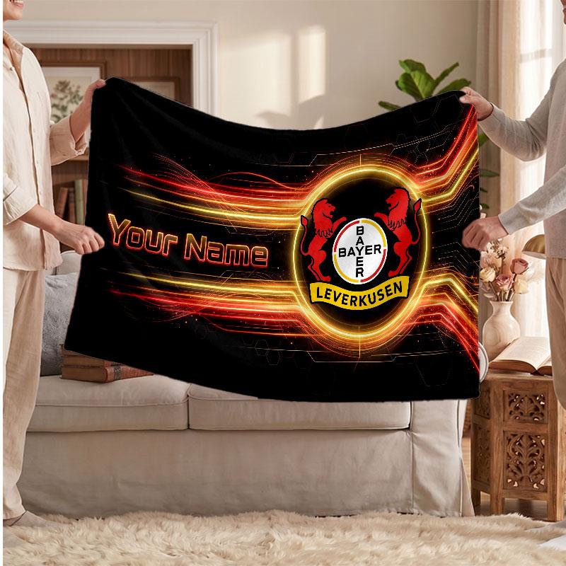 Bayer Leverkusen Football Personalized Fleece Blanket With Football Logo, Custom Name Text Soft Warm Home Throw Blanket