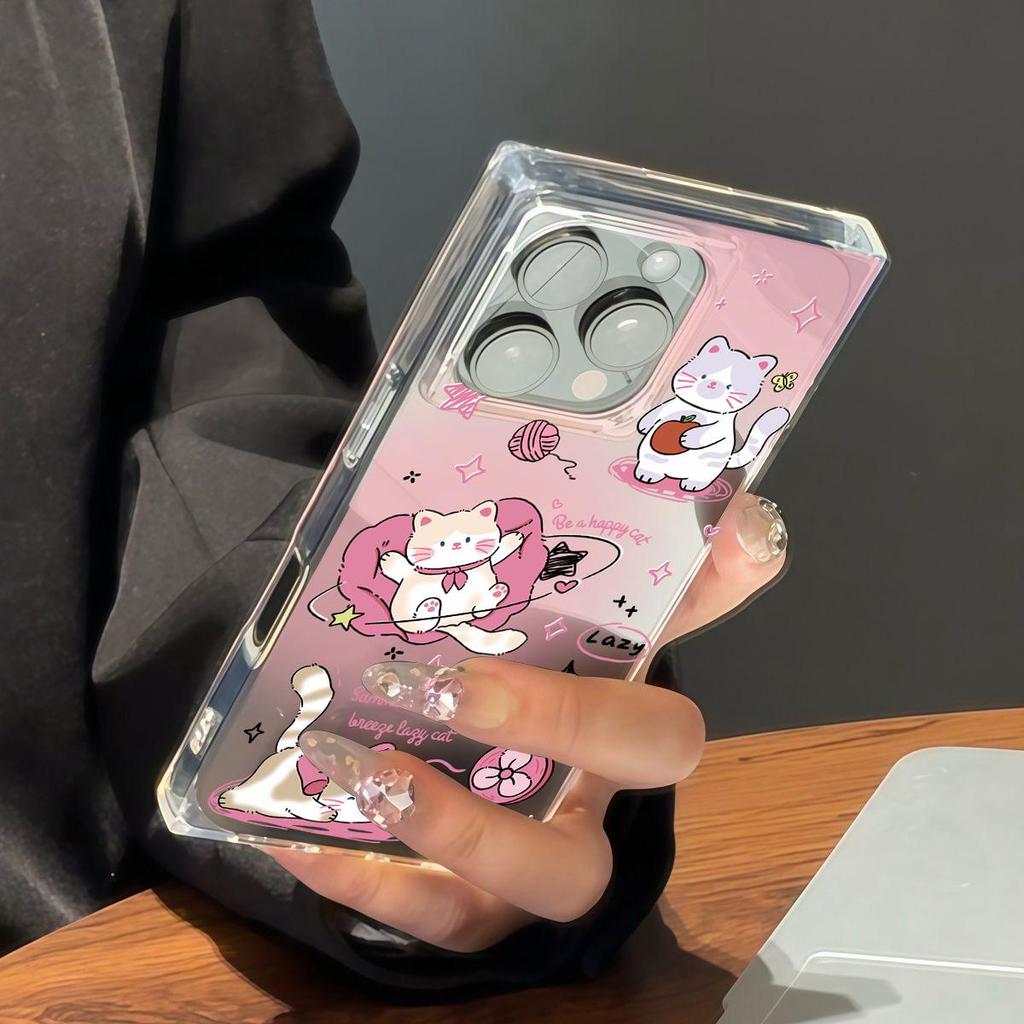 Square Back Tube Protection Clear Case For iPhone 14 Pro Max 11 13 16 ProMax 15 Plus 12 Anti-Oxygen,Star Cat Pattern Casing
