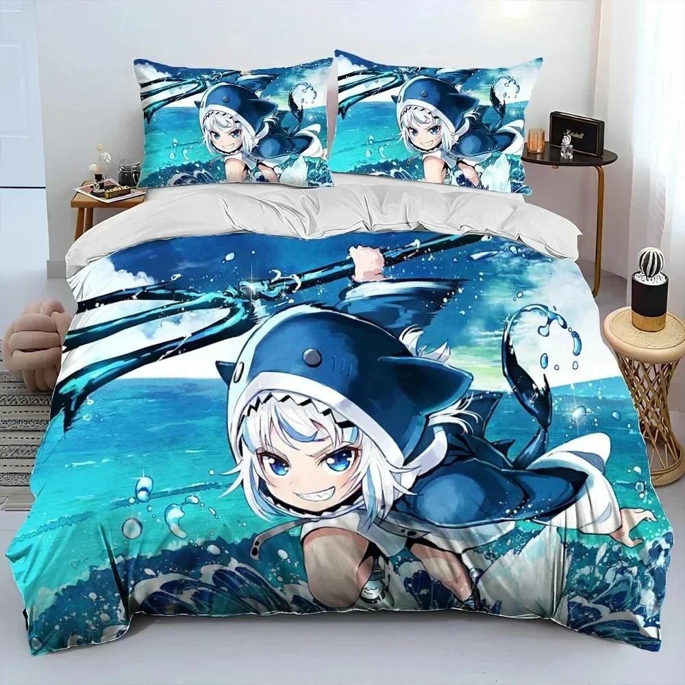 Cute Gawr Gura Hololive Anime Shark Bedding Set Printed Bed Set With Pillowcase Duvet Cover Soft Queen King Size Bedclothes Home