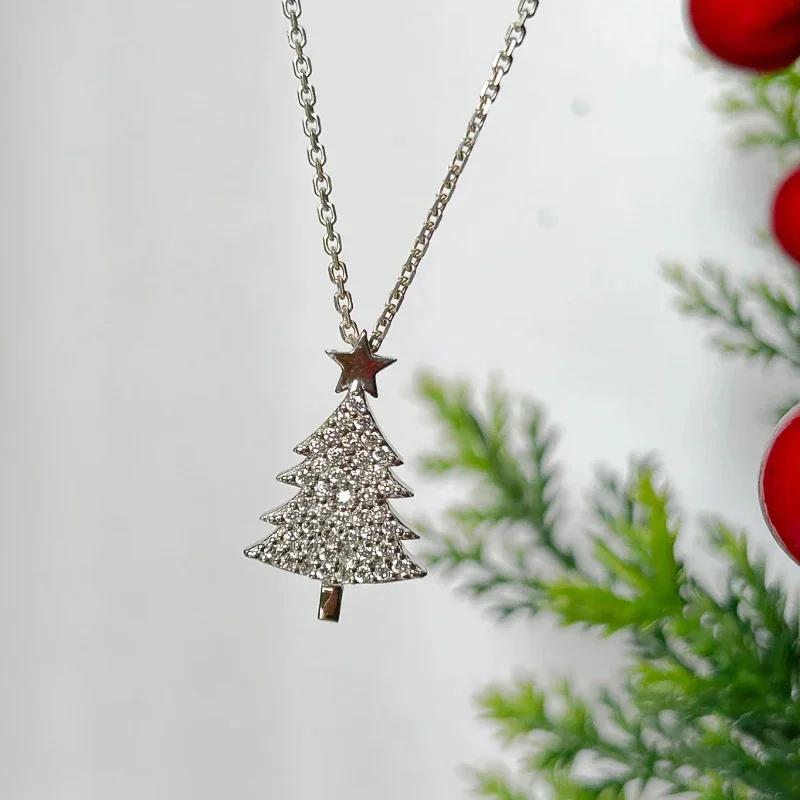 Huitan Dazzling Crystal Christmas Tree Pendant Necklace for Women Silver Color O Chain Exquisite Christmas Necklace Girl Jewelry