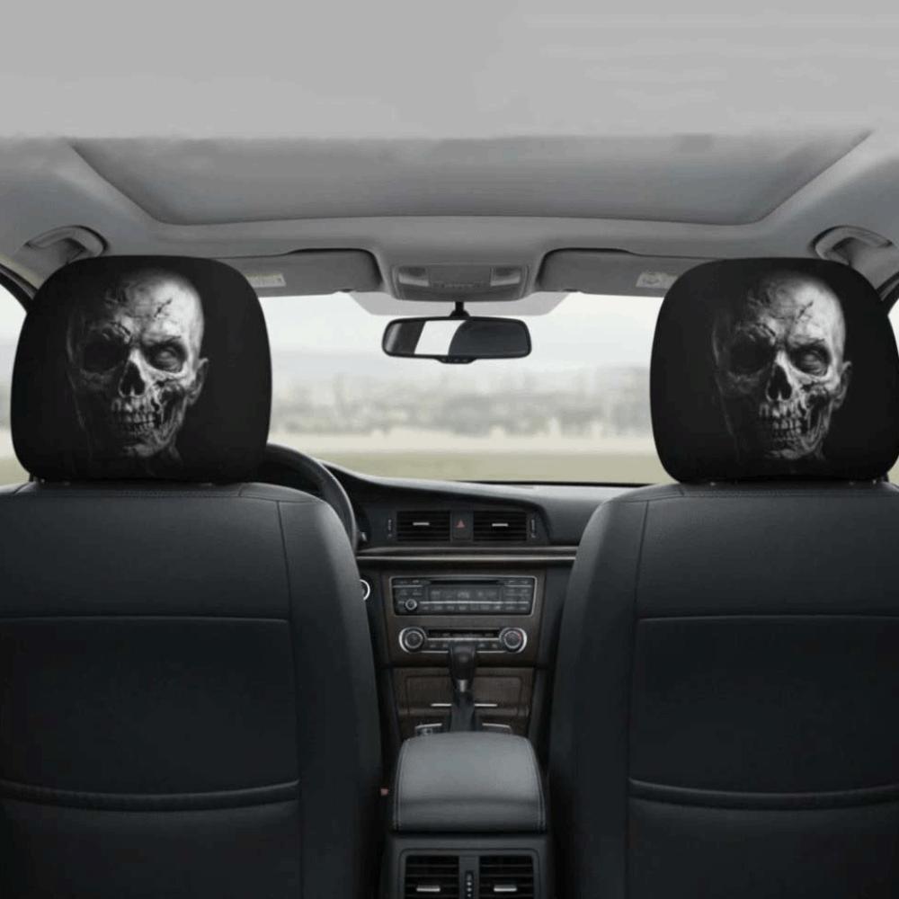 1pair Elastic Fabric Skull Headrest Cover Universal Fit Halloween Auto Slipcover Punk Drivers