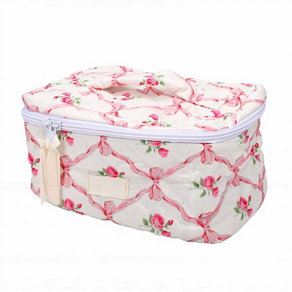 Large Quilted Makeup Bag Cute Bow Cotton Cosmetic Bag for Women Girls Floral Aesthetic Toiletry Pouch