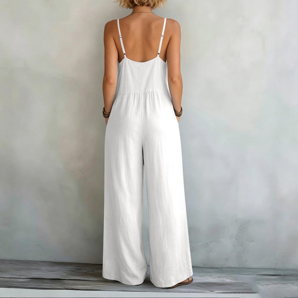 Damen Ärmelloser V-Ausschnitt Weiter Bein Lockerer Jumpsuit Lässiger Sommer-Strampler mit Taschen Leichtes Bequemes Design