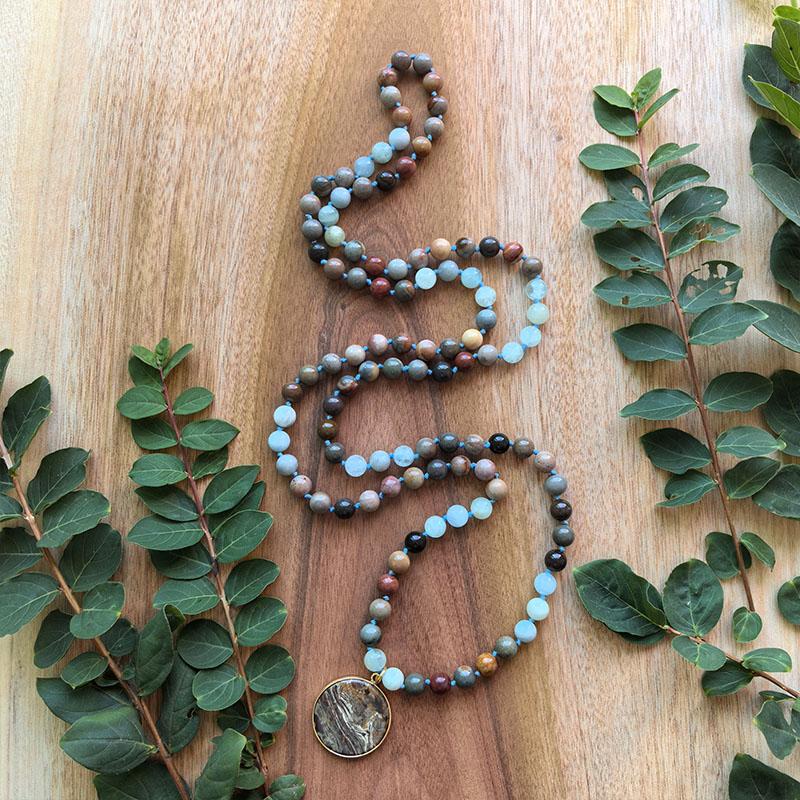 Petrified Wood,Dreamy Aquamarine Mala Necklace,108 HandKnotted JapaMala Necklace,Healing Crystals,Yoga Meditation Gift