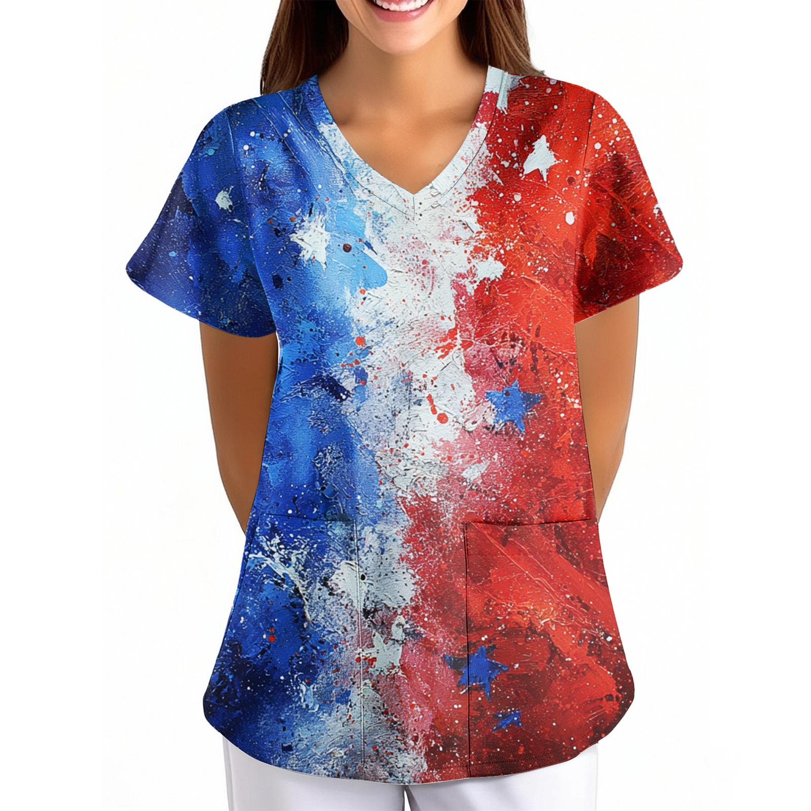 Women s Independence Day Printed Loose V-Neck Pocket Short-Sleeved Clothing S