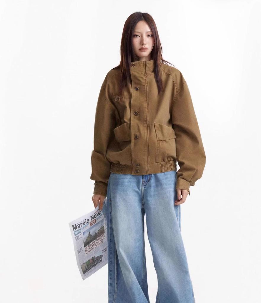 Unisex Retro Distressed Canvas Barn Jacket - Boxy, Stand Collar, Trendy Style