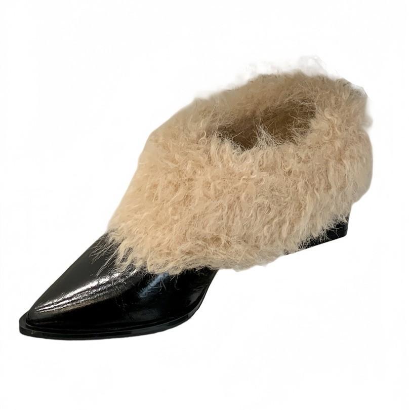 Korean version of square head plush shoes single shoes women's 2025 warm cotton shoes French thick heel retro black small leather shoes