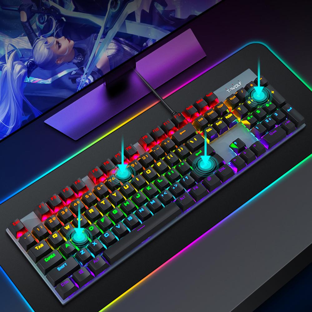 T-WOLF T17 USB Wired Keyboard 104-Key Color Backlit Computer Gaming Mechanical Keyboard