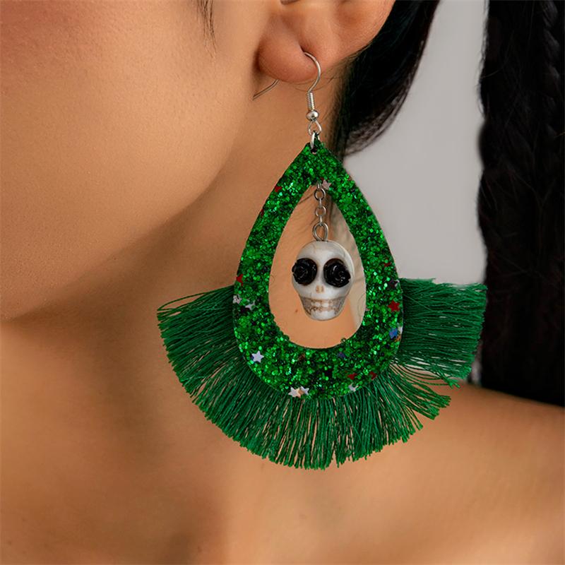 Europen And American Exaggerated Retro Long Tassel Skeleton Skull Earrings For Women Gothic Punk Halloween Jewelry Party Gifts