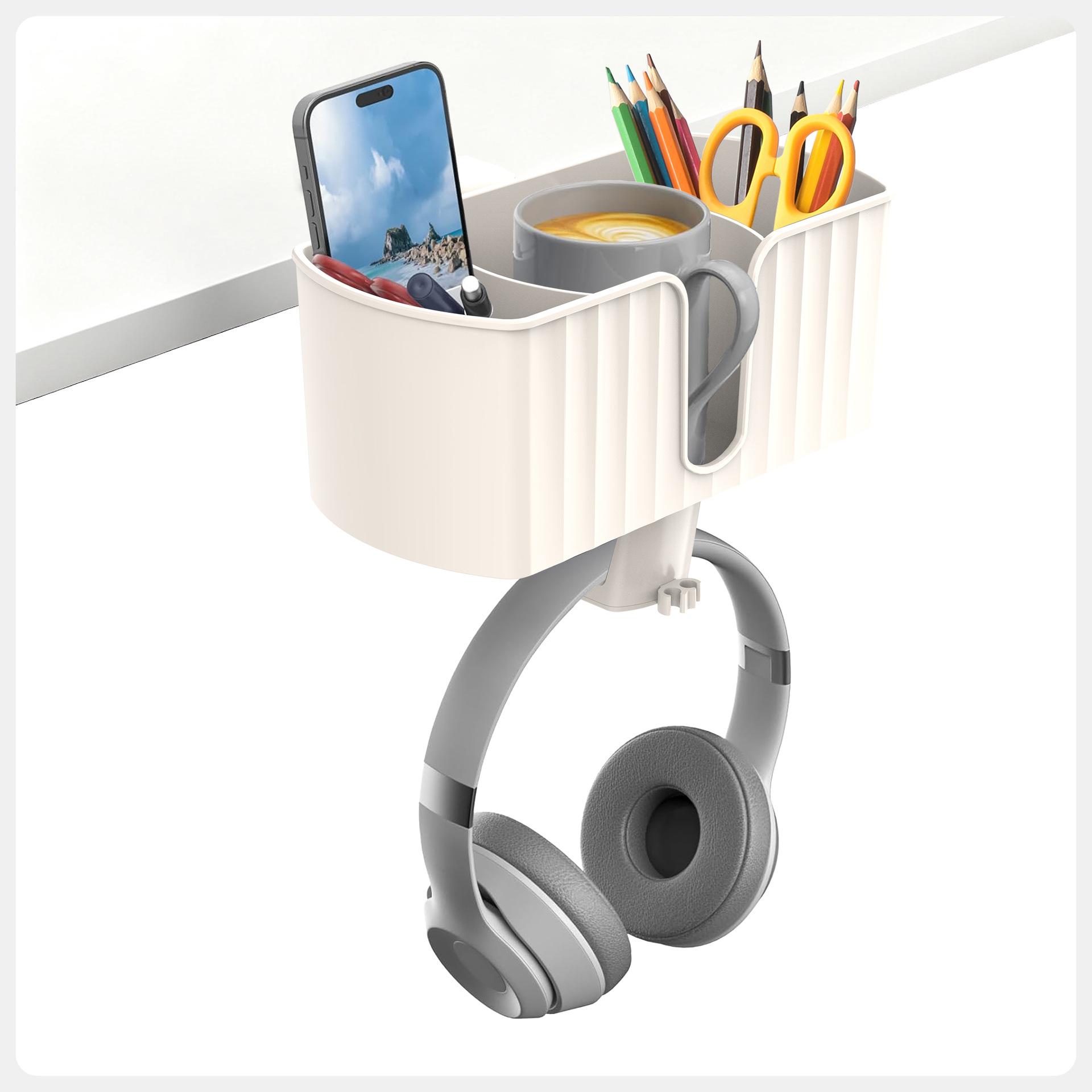 Desk Organizer Under Desk Cup Holder and Headphone Hanger Wire Holes Rotating Hanger for Cup Phone and Pen Storage Holders