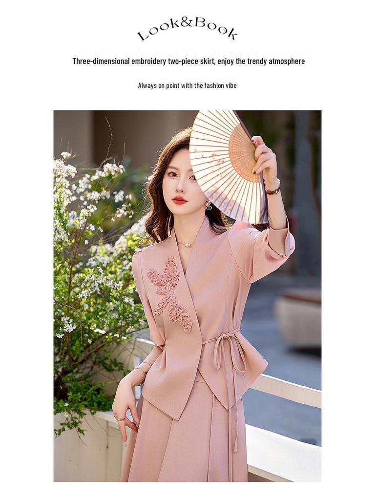 Red Elegant Women's Suit Set: Chic Waist-Slimming Shirt & Midi Skirt for Spring/Autumn 2025.