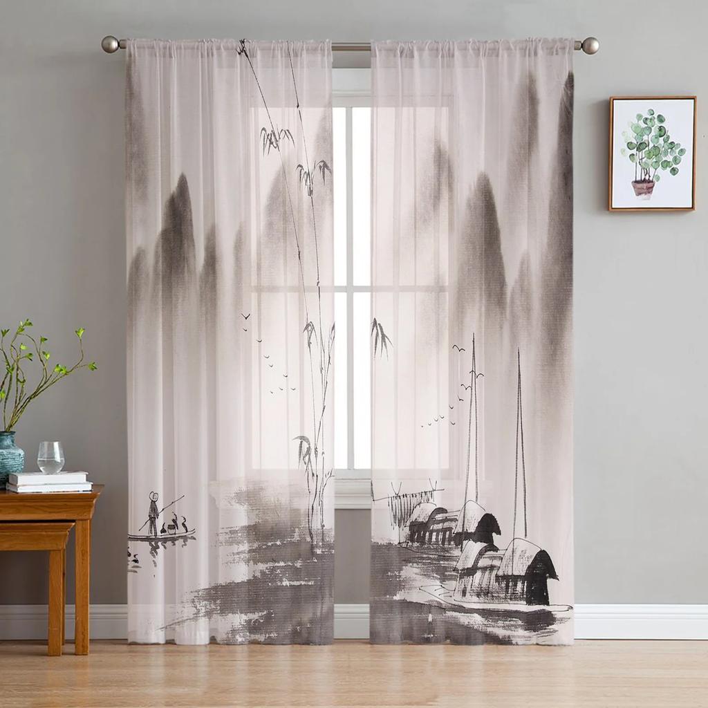 Chinese Ink Landscape Painting Bamboo Sheer Voile Curtains For Bedroom Living Room Kitchen Decor Chiffon Tulle Windows Curtain