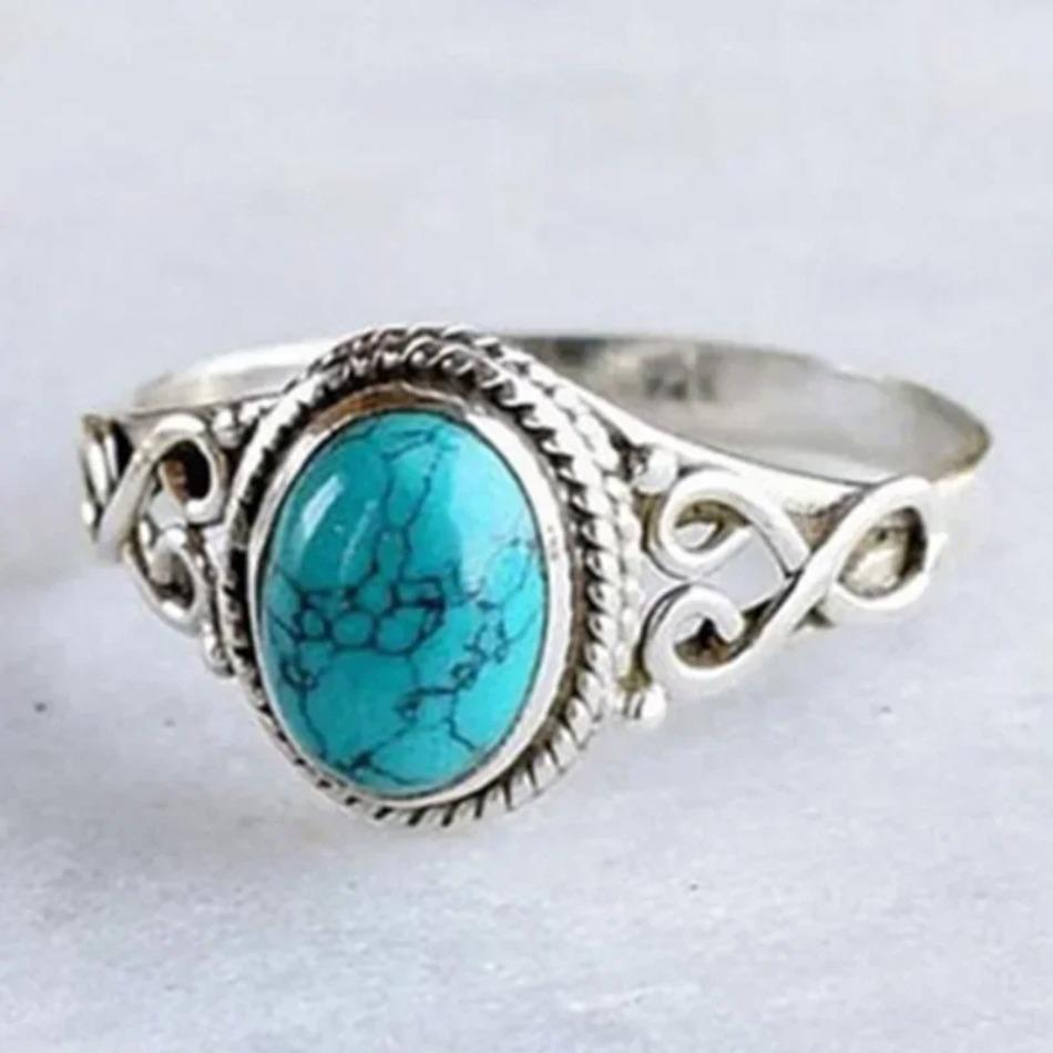 1 Pcs Fashion Retro Elegant Ring Natural Turquoise Wedding Engagement Birthday Party Anniversary Commemorative Gift