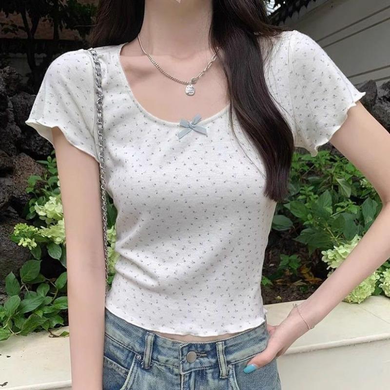Front Shoulder Floral Short Sleeve Bow Design Print Pure Desire New Summer Short Hot Girl Fungus Trim Top