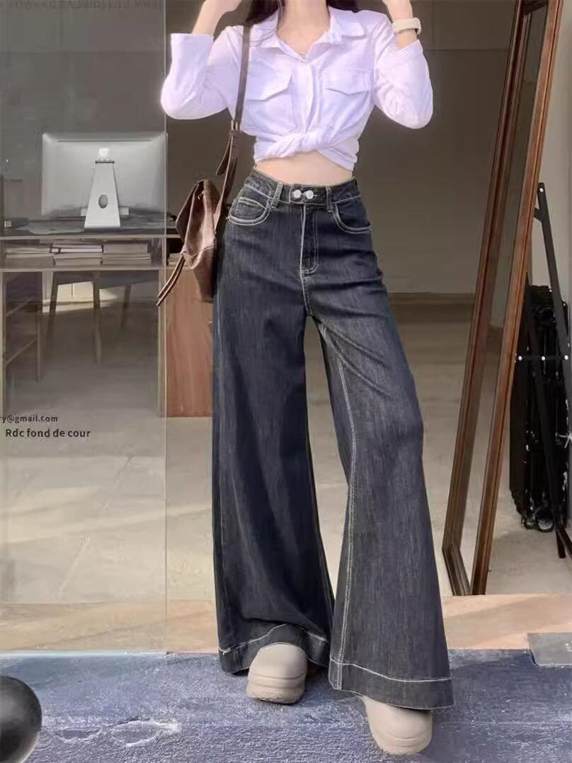 

2024 Универсальные маленькие джинсы с высокой посадкой на двух пуговицах, широкими штанинами, длиной до пола для женщин 3XL серый