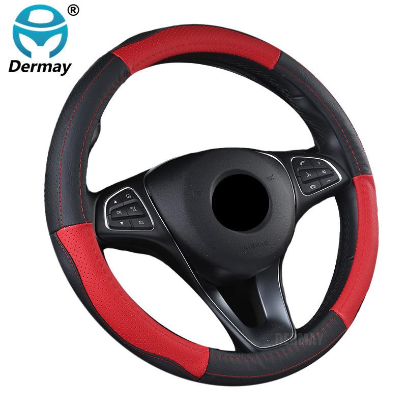 DERMAY Genuine Leather Steering Wheel Cover 5Colors Size M Fit Outer Diameter 37-38cm Standard Steering Wheel Free Shipping