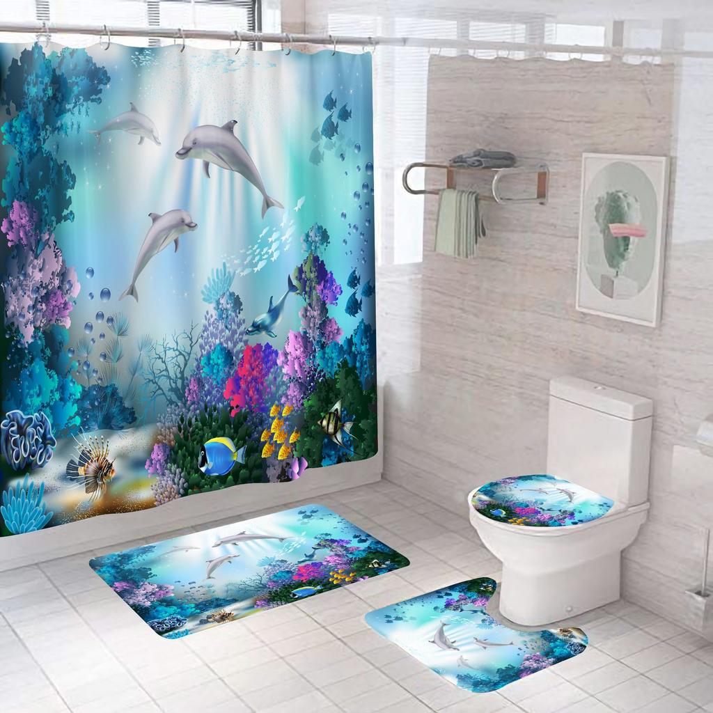 Bathroom Shower Curtain Four-piece Digital Printing Sand Underwater World Waterproof Shower Curtain Shower Curtain Partition Curtain Bath Mat