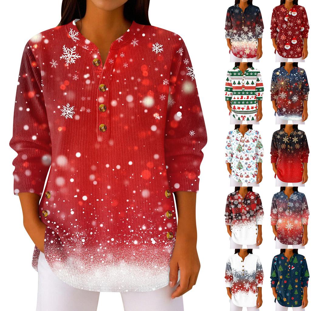 Women's Fashionable Button Collar Long-sleeved Christmas Print Pullover Top