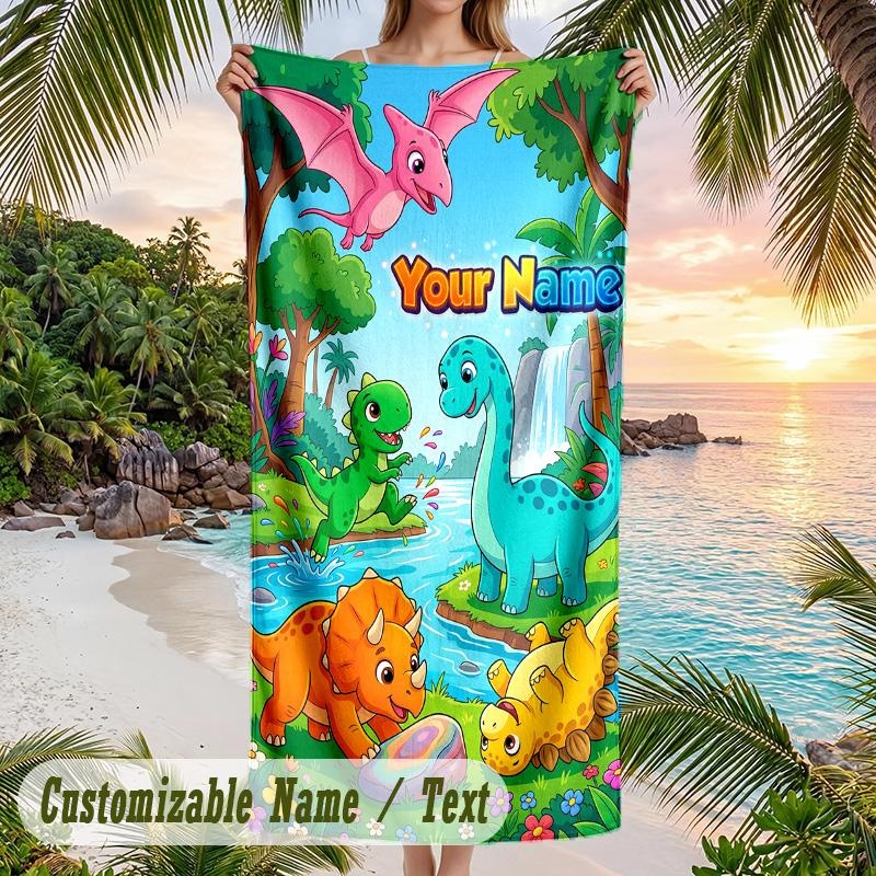 Dinosaur Theme Beach Towel Personalized Custom Name & Text Soft Quick Dry Beach Towel for Swimming Travel