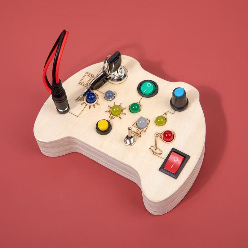 Luminous Wooden Busy Board Switch Toy for Children's Early Education and Fine Motor Skills Development.