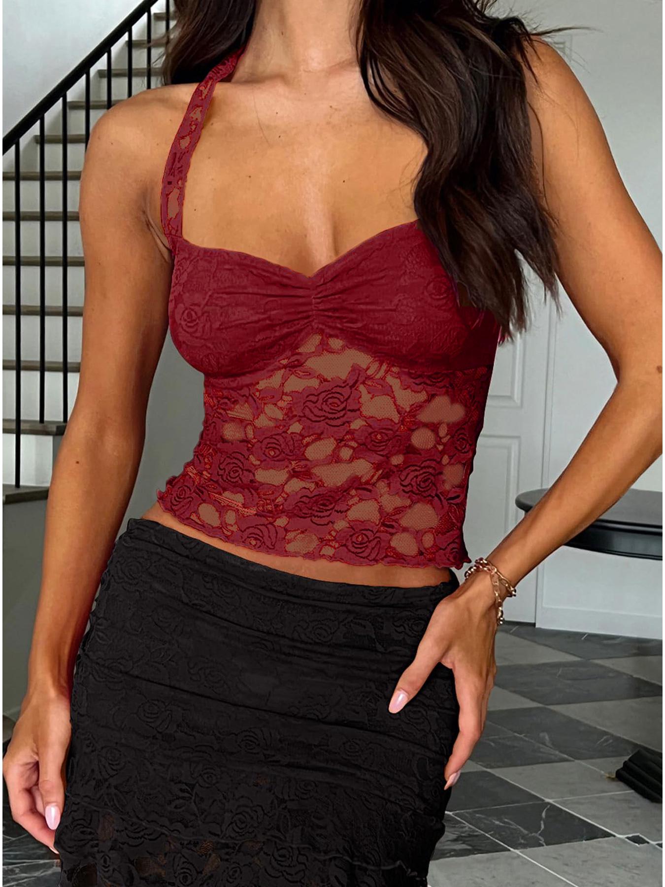 

Укороченный топ из полого кружева Y2K - сексуальный женский жилет для прогулок Small вино красного