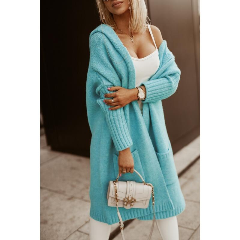 Autumn and Winter Women's Sweater Cardigan Lapel Hooded Long Letter Loose No Buttons Knit Cardigan