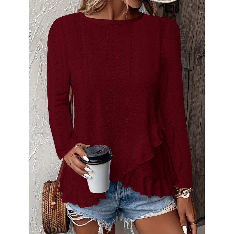 New Spring and Summer Women's Fashion and Casual Solid-color Long-sleeved Round-neck T-shirts