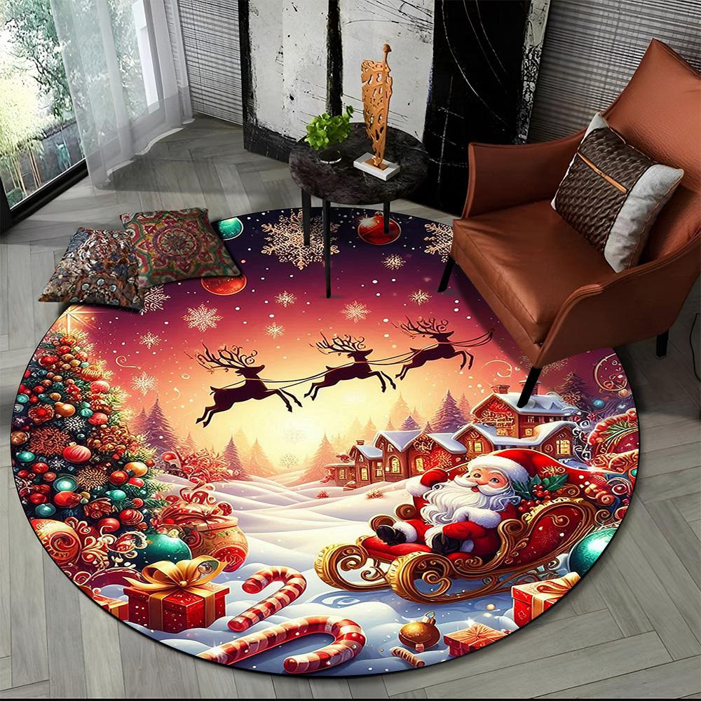 Cartoon Santa Claus Merry Christmas Snowman New Year Round Carpet Rug for Bedroom Living Room Sofa Decoration,Decor Floor Mat