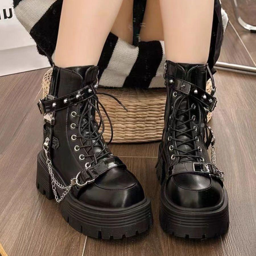 Fashion Black Height Increase Women's Ankle Boots Spring Autumn Platform Female Short Shoes Punk Style Round Toe with Laces Booties Sale