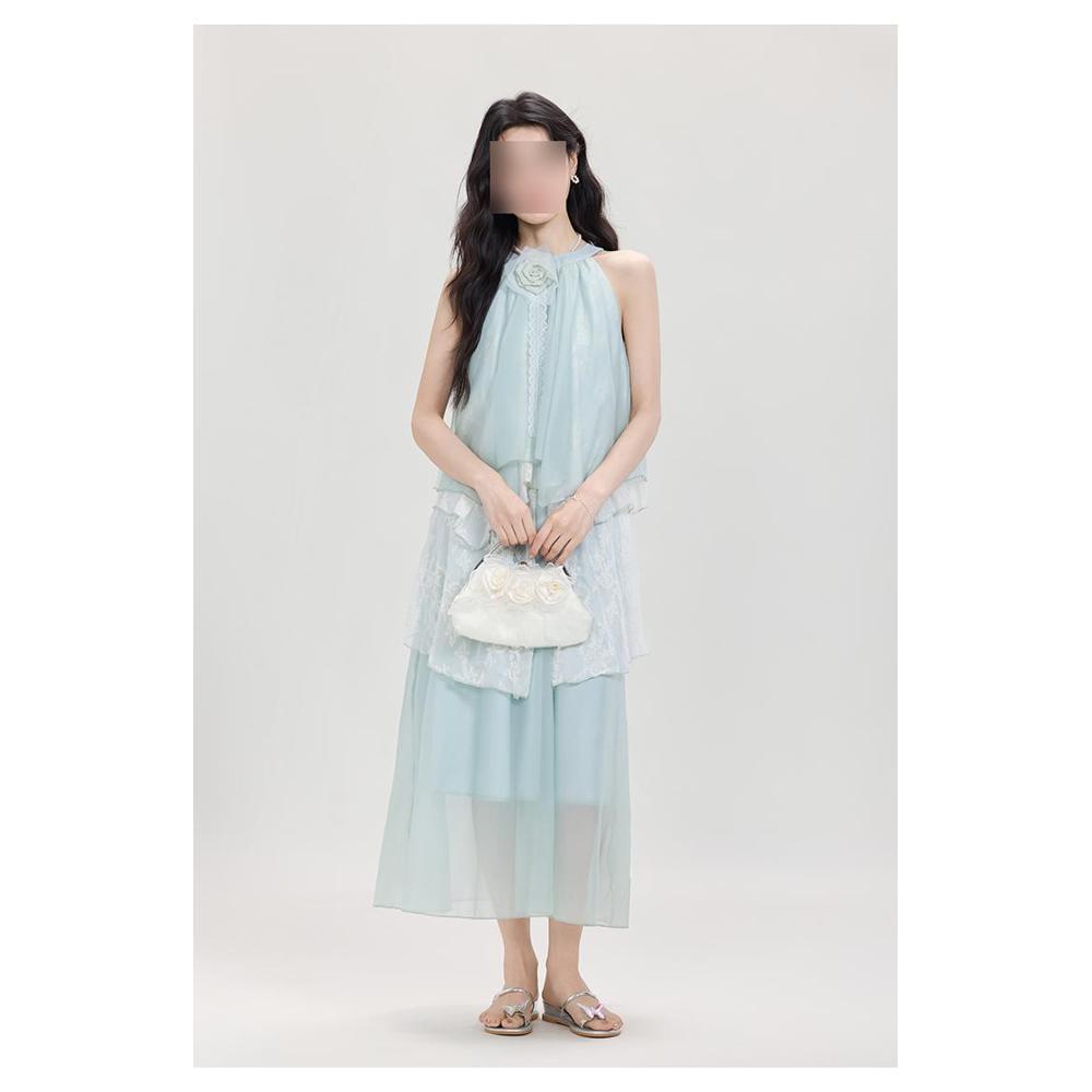 Seaside Vacation Wind Mint Green Neck Dress Irregular Lace Splicing Loose a Word Long Dress Women's Summer